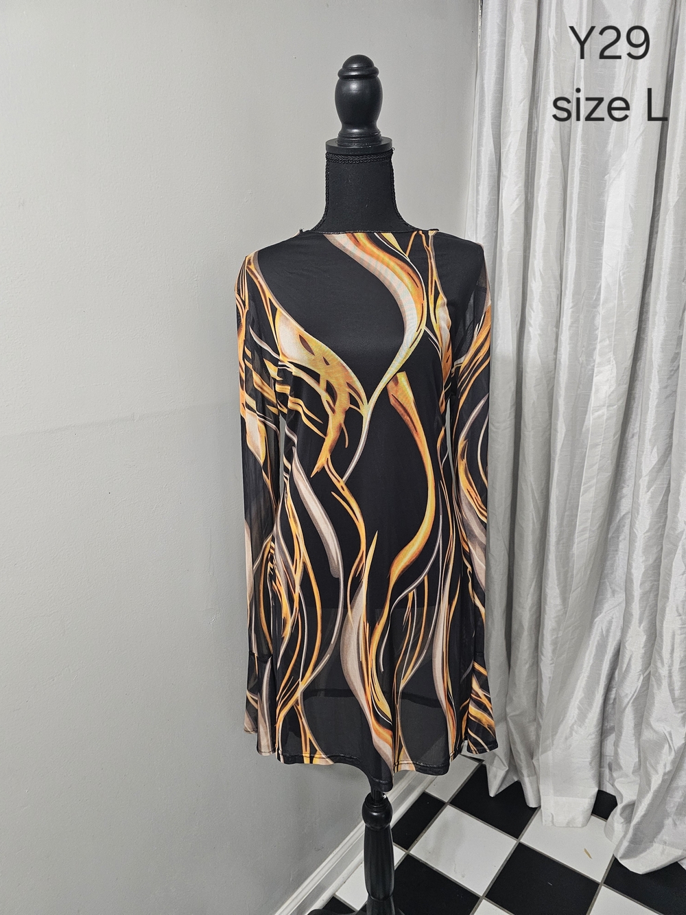 Black & Orange Swirl Long Sleeve Dress - Brand: